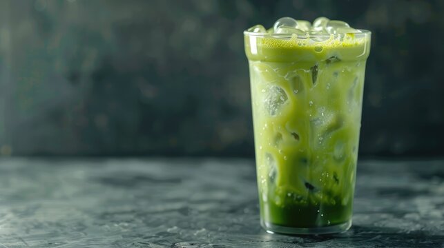 Take away glass of iced matcha green tea latte with bubble on dark gray background, copy space