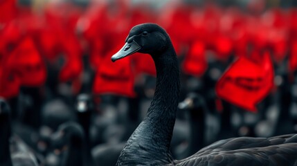 Black swan amidst a chaotic political rally, symbolizing an unexpected and disruptive political event 