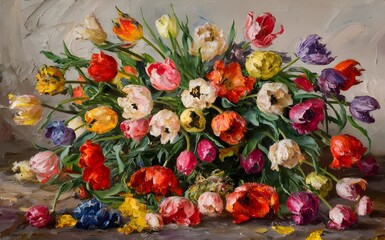 Lush and Colorful Tulip Oil Painting with Thick Brush Texture