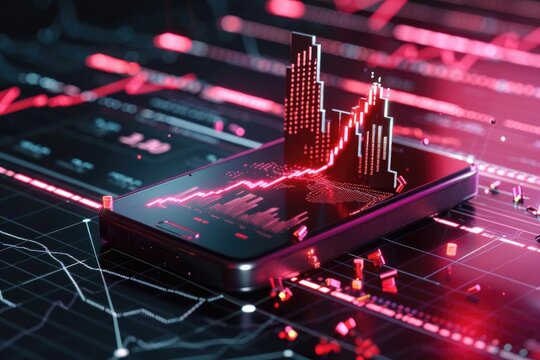 Innovative smartphone displaying vibrant stock market data with digital graphs and red trends for financial analysis and investment.