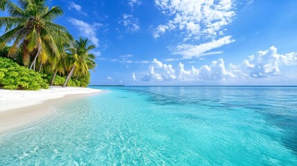 Fototapeta premium Serene Beach Scene with Palm Trees in the Maldives for Travel or Vacation Advertising Generative AI