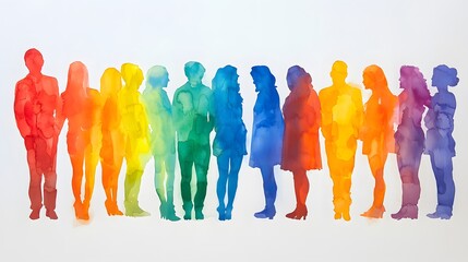 A row of people standing in watercolor style, with each person representing different colors and shapes.