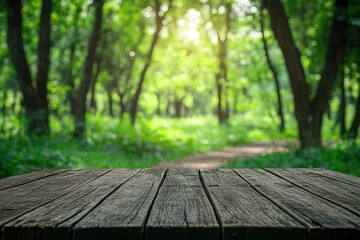 Empty wood table top with blur background of nature lush green forest with generative ai