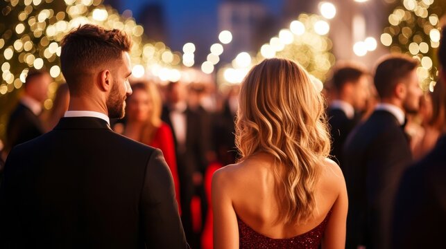 Celebrities interacting and mingling on the red carpet, festive and glamorous setting, elegant backdrop and lighting 