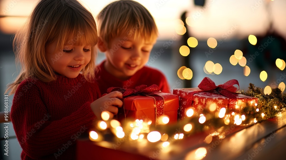 Canvas Prints children opening Christmas presents on a ship's deck, decorated with lights and garlands, joyful and festive atmosphere 