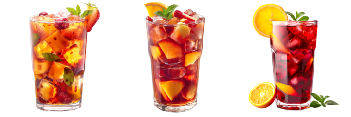 Set of 3 Sangria on a Transparent Background, drink, beverage, coffee, hot, ice, cocktail, alcoholic, smoothie, party, bar, juice, pub, png file, cut off bg, 300 dpi