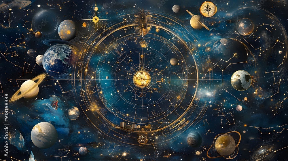 Wall mural 42. an intricate celestial map with constellations, planets, and a star-filled background