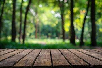 Empty wood table top with blur background of nature lush green forest with generative ai
