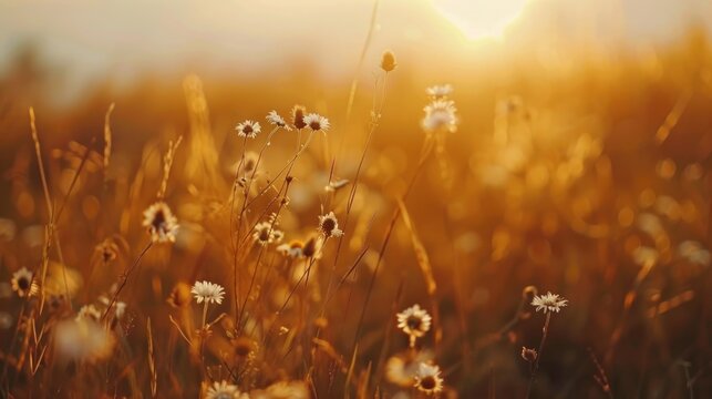 Tranquil autumn field at sunset with dry wildflowers and golden grasses swaying gently in the breeze.