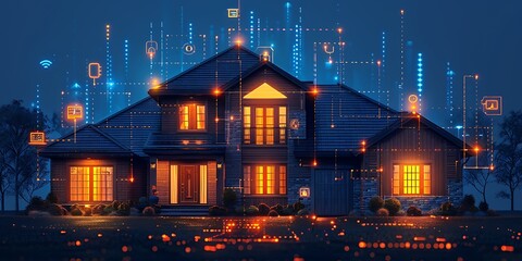 Technology Smart home with connected devices and digital icons Glowing house with symbolism	