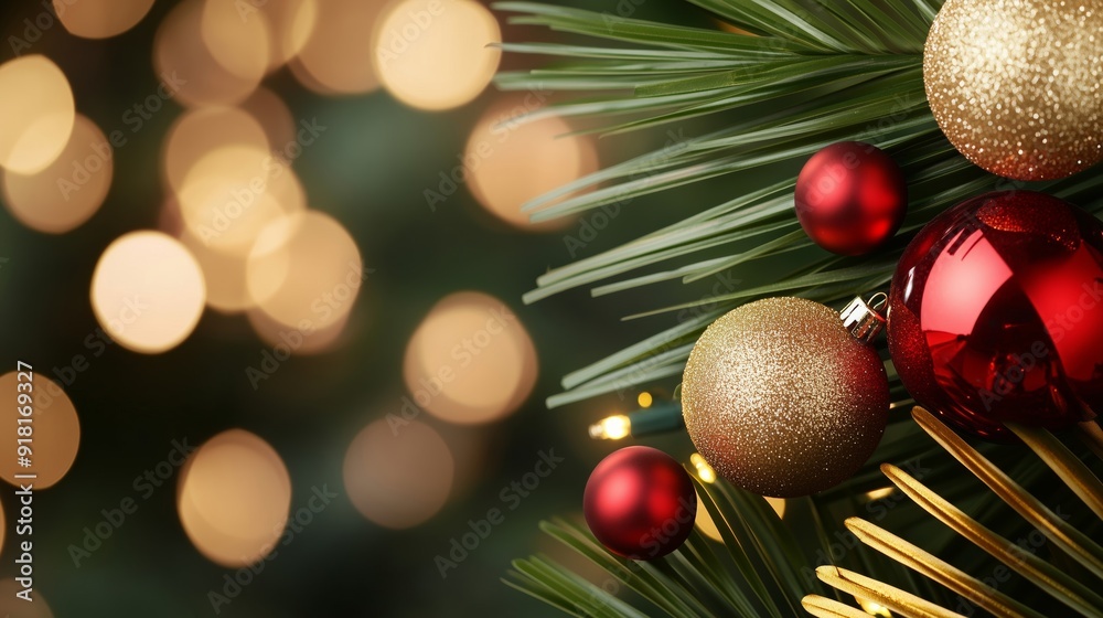 Poster Close-up of a palm tree frond adorned with red and gold Christmas balls and twinkling fairy lights 