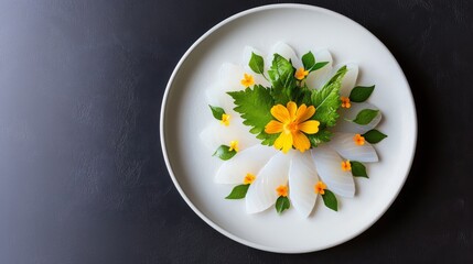 Close-up of Japan's fugu sashimi, thinly sliced pufferfish arranged in a floral pattern on a white plate with decorative garnish 