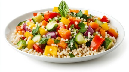 Close-up of Moroccan couscous with seven vegetables, fluffy couscous grains served with a variety of colorful vegetables, isolated on white background 