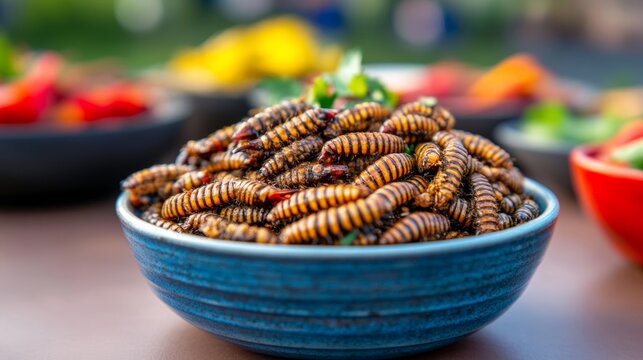 Close-up of Namibia's mopane worms, dried and fried caterpillars served in a bowl with traditional spices and sauces 