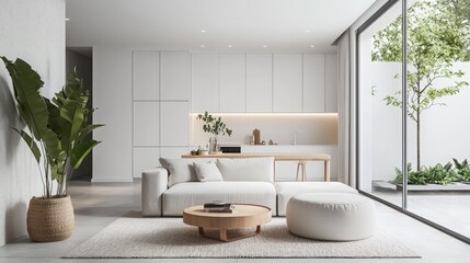 Fototapeta premium A modern living room with minimalistic design, featuring a comfortable sofa, natural light, and lush greenery for a serene atmosphere.