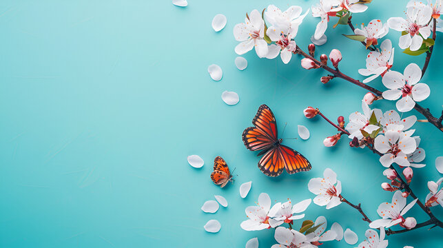 beautiful butterflies flying out of aon a blue paper background minimal concept flat lay with copy space.