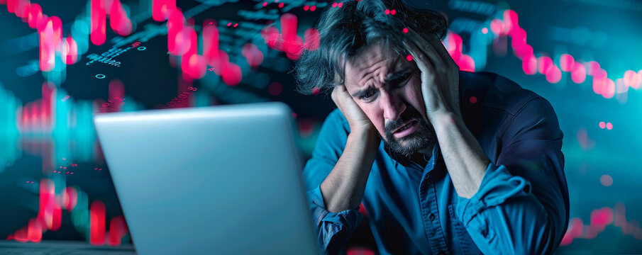 Stressed businessman looking at a laptop screen with red stock market data in the background