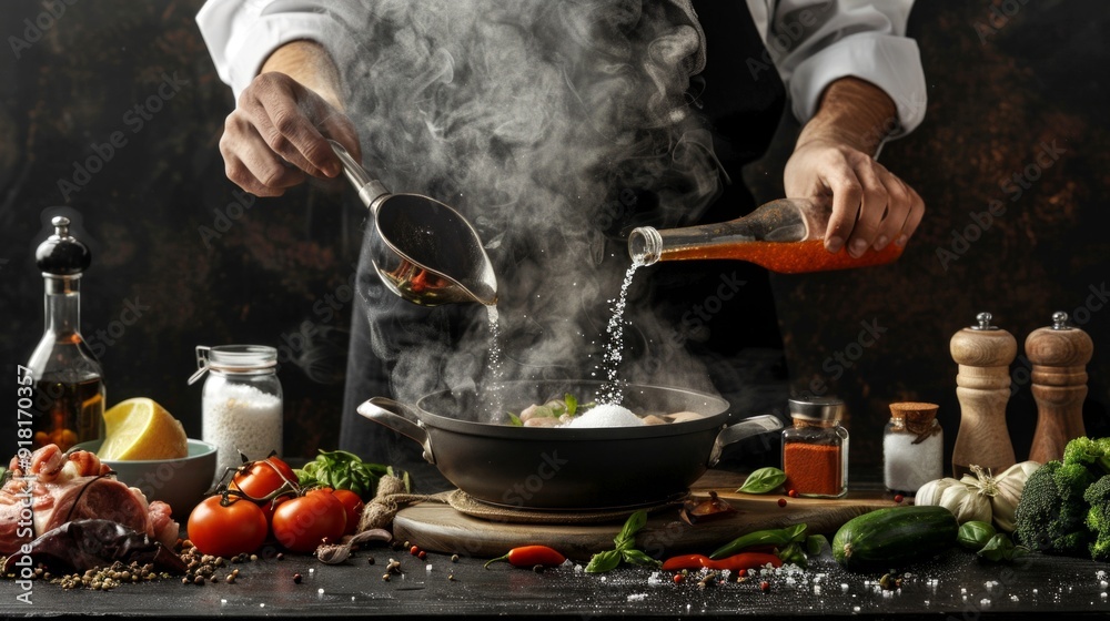 Canvas Prints Chef cooking in a kitchen with various ingredients. A hand pouring liquid into a steaming pan. Conceptual image of culinary arts and food preparation. 