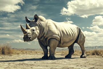 Fototapeta premium Vanishing Giants: The Plight of the Rhinoceros Amidst Desolate Landscapes and the Dire Need for Conservation Efforts in the Face of Climate Change.