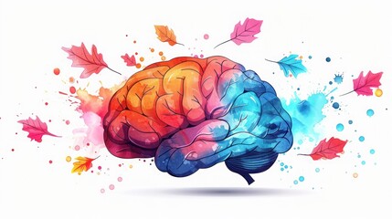 Colorful Brain with Leaves Vector Illustration: Innovative Solutions and Mental Health Concept for Creative Thinking, Brainstorming, Smart Ideas, Education, and Learning