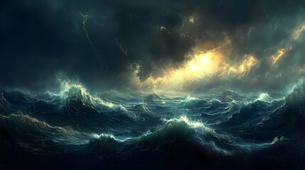 Fototapeta premium 53. A dramatic stormy sea with turbulent waves, dark clouds, and occasional lightning