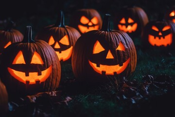 Fototapeta premium Jack o lanterns glowing at night on Halloween