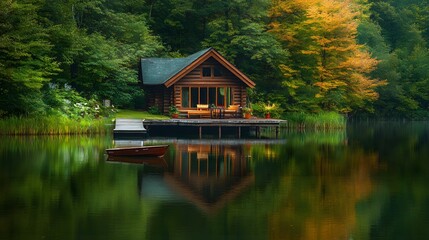 Obraz premium 54. A peaceful lakeside cabin with a wooden dock, a rowboat, and reflections of the surrounding forest