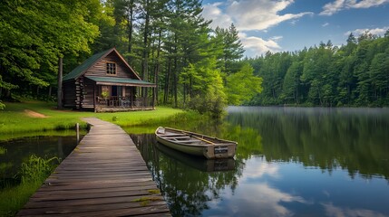 Fototapeta premium 54. A peaceful lakeside cabin with a wooden dock, a rowboat, and reflections of the surrounding forest