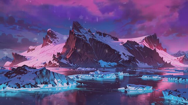 A snowy mountain range with a purple and pink sky with ice floating in the water in the foreground.