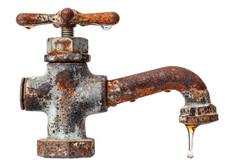 Rusty old water faucet with dripping water, cut out