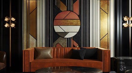 56. A stylized art deco design with geometric patterns, bold lines, and metallic accents