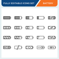 battery charge line icon editable set.