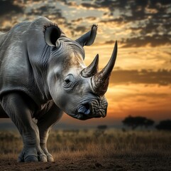 Fototapeta premium Endangered Rhino in a Desolate Landscape, a Stark Reminder of Climate Change's Impact and the Urgency for Conservation Efforts.