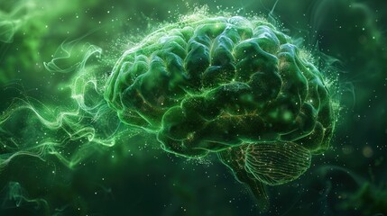 Obraz premium Vibrant Green Brain Against Monochrome Backdrop - Conceptual Neuroscience Image