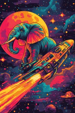an elephant riding on a spaceship, in the style of scooby doo cartoon, vibrant colours, professional colour balance