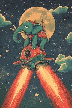 an elephant riding on a spaceship, in the style of scooby doo cartoon, vibrant colours, professional colour balance