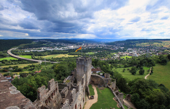 View of the city of L&ouml;rrach and the keep of the castle ruins R&ouml;tteln, Baden-W&uuml;rttemberg - Germany