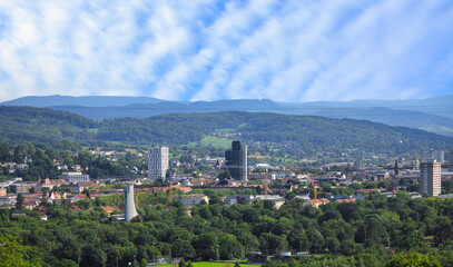 Obraz premium View of the city of Lörrach from the castle ruins of Rötteln, Baden-Württemberg - Germany