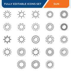 sun line icon set. sunburst icons collection with editable stroke.