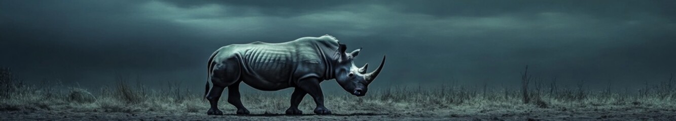 Fototapeta premium Endangered Rhino in a Desolate Landscape, a Stark Reminder of Climate Change's Impact and the Urgency for Conservation Efforts.