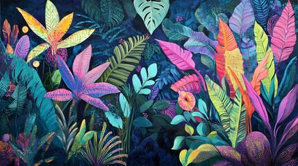 61. A vibrant botanical artwork with a dense jungle scene and a variety of exotic plants
