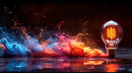 Explosive Creativity: Colorful Paint Splashes from Light Bulb on Black Background - Unique Idea Concept