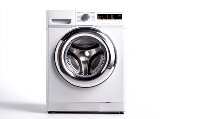 Closeup of a modern front-loading washing machine with a digital display and stainless steel drum, isolated on a white background, showcasing sleek design and technology 