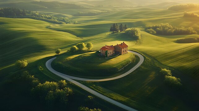 64. A picturesque countryside with a winding road, rolling fields, and a classic farmhouse