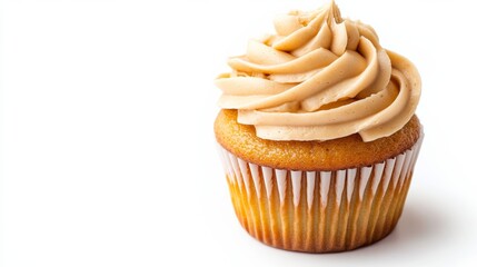 Closeup of a peanut butter swirl cupcake with frosting, isolated on a white background, highlighting the detailed texture 