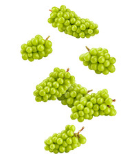 Falling green Grape bunch, isolated on white background, full depth of field
