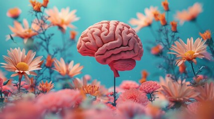 Flourishing Mind: Self-Care and Mental Health Concept with Human Brain Tree, Flowers, Positive Thinking, and Creative Mind