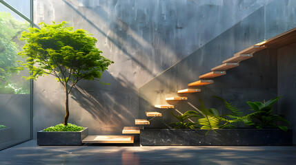 Modern, elegant L shape wood cantilever stair with black granite base staircase 