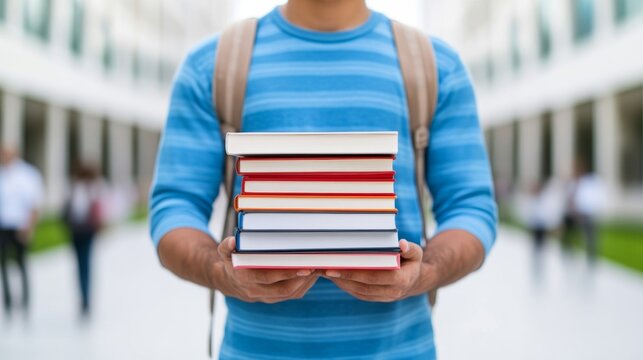 Closeup of a student holding a stack of textbooks and notebooks, with a bustling campus background, isolated on a white background 