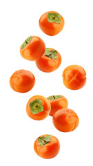 Falling persimmon isolated on white background, full depth of field